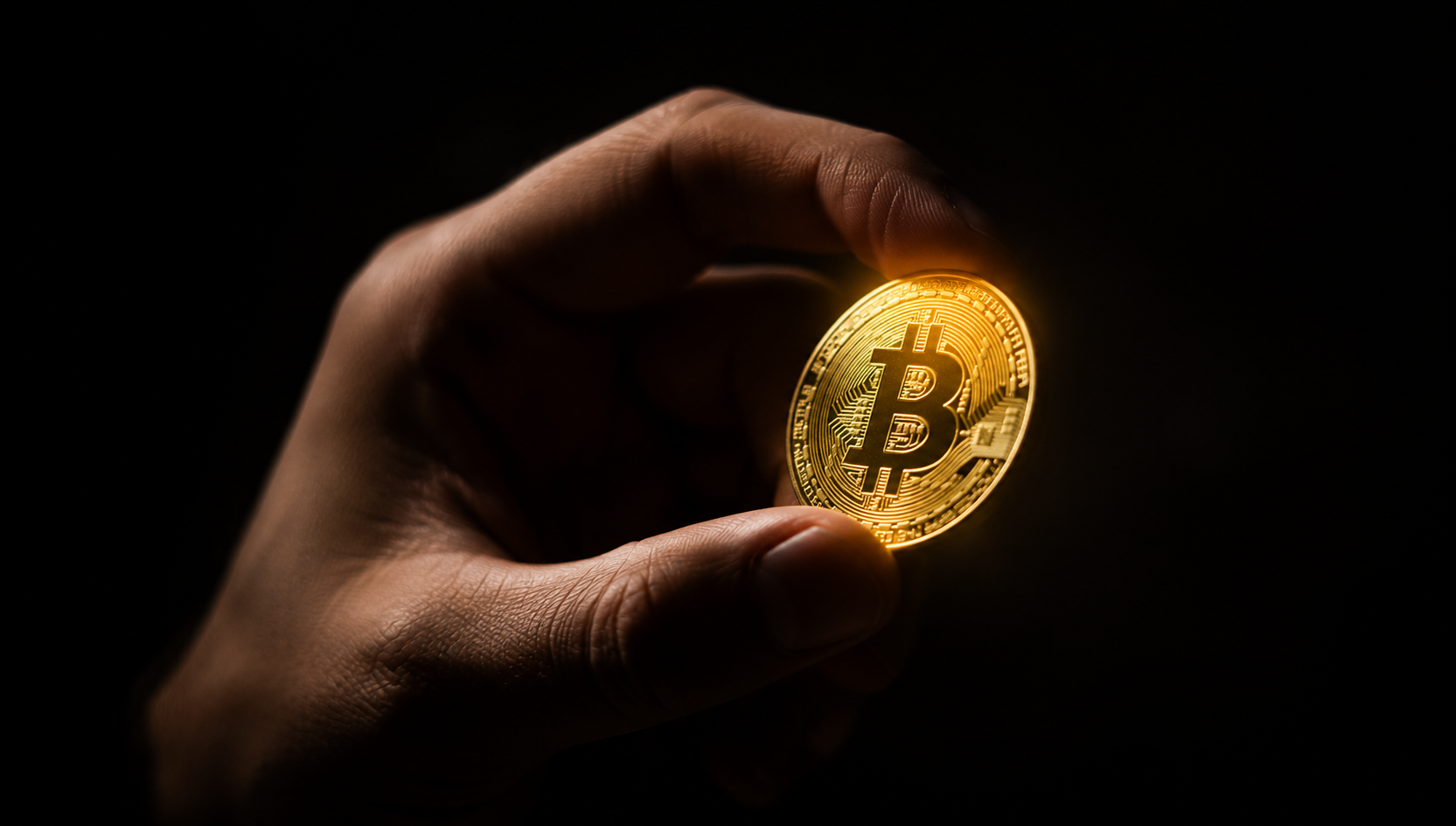 Anonymous crypto gambling — shadow figure holding a Bitcoin coin on a dark background