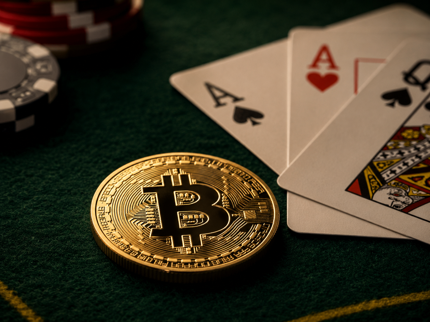 Best Bitcoin casinos 2026 — gold Bitcoin coin on a dark casino table with playing cards