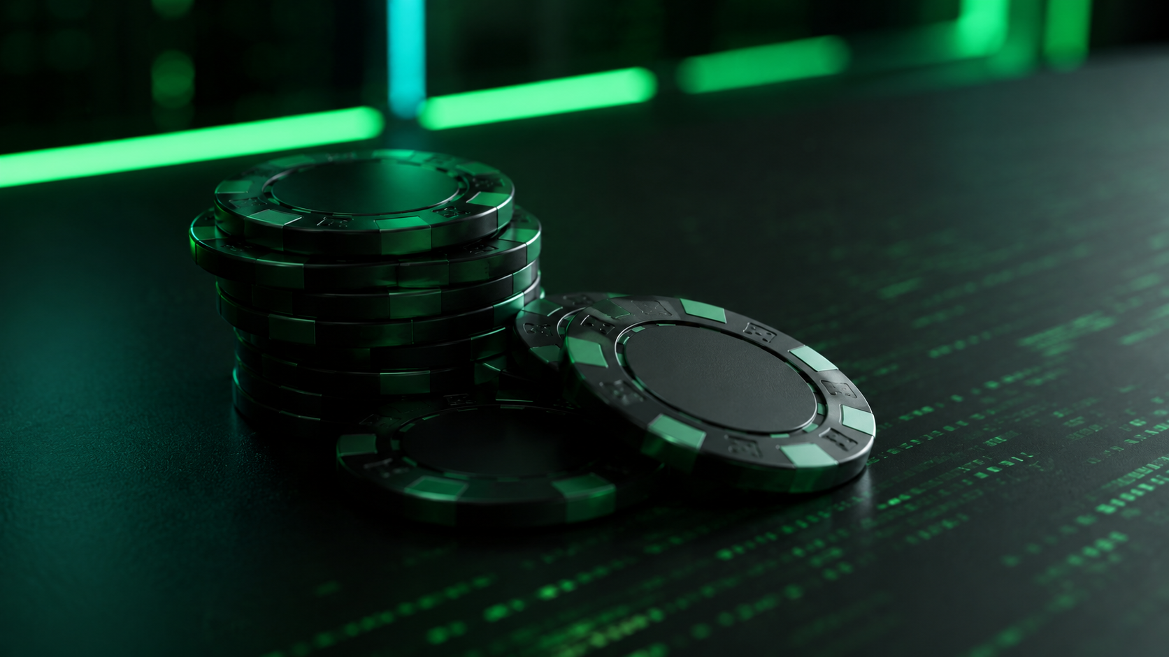 Provably fair casinos 2026 — blockchain hash string overlaid on casino chips on a dark surface