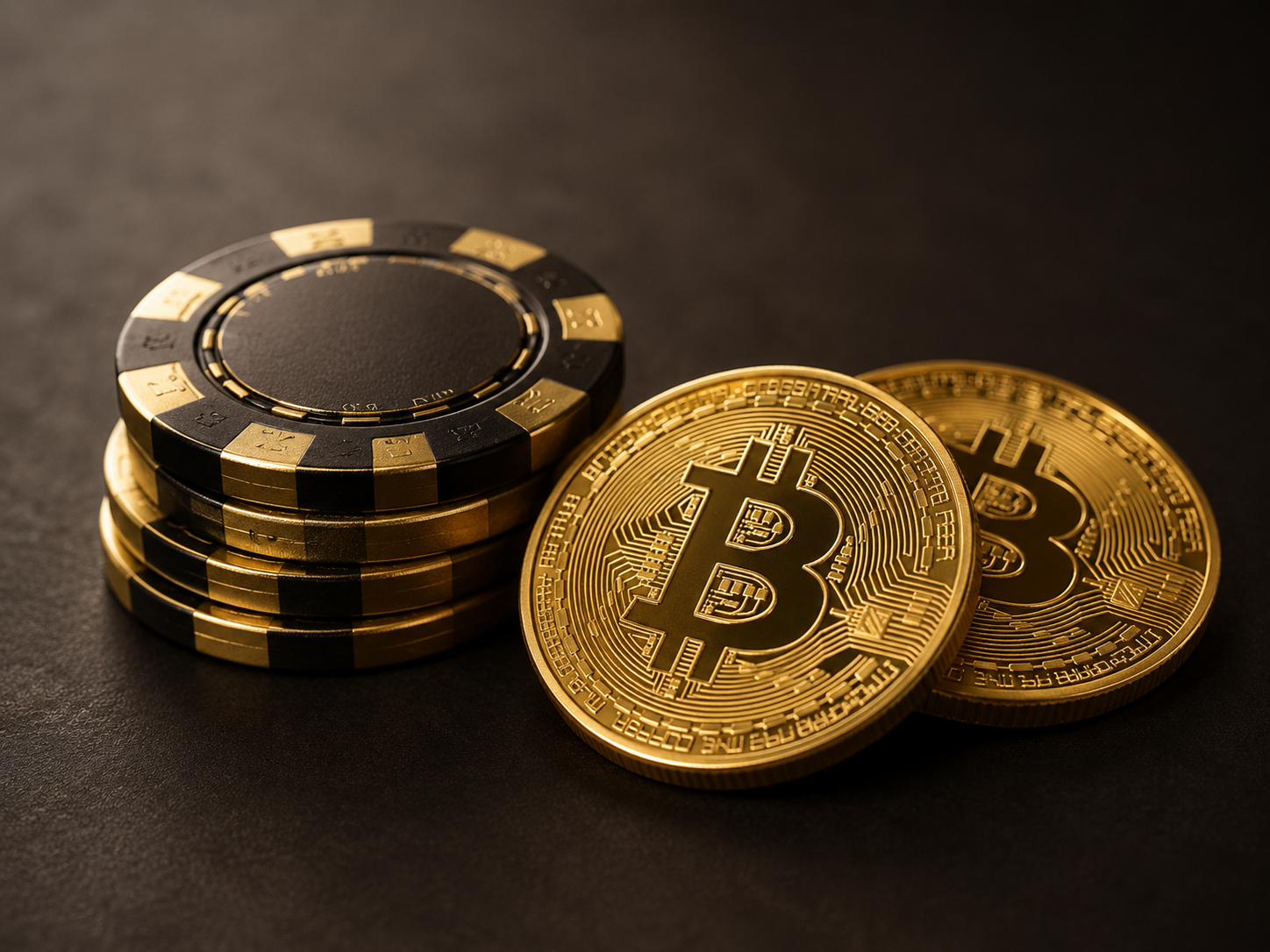 Crypto casino bonuses explained — stack of bonus chips next to Bitcoin coins on a dark surface