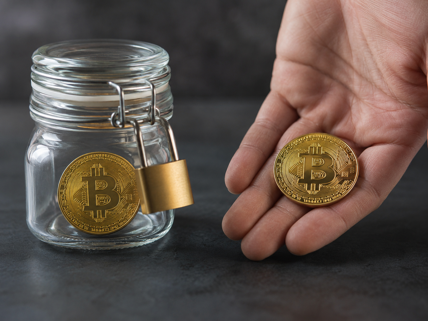 Custodial vs non-custodial crypto casino — Bitcoin coin locked in a glass vault jar next to an open hand